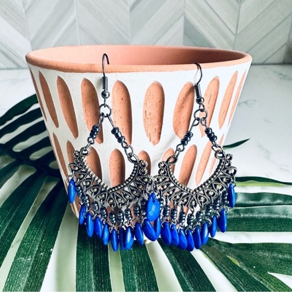 Bohemian Blue Bead Chandelier Earrings Dangle Antiqued Silver Boho Gift NEW - Picture 7 of 11